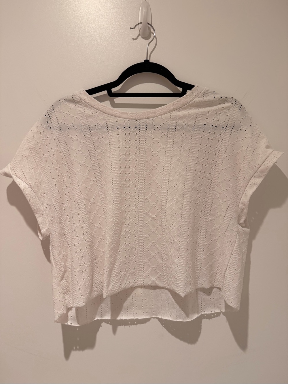 Zara White Eyelet Cropped Short Sleeve Top
